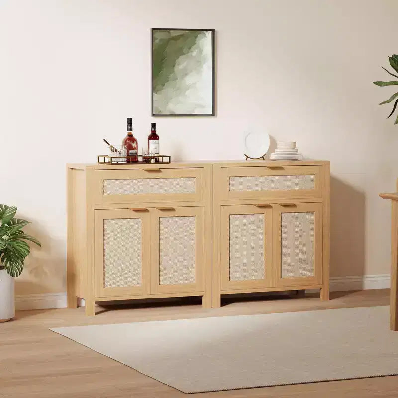 Aparador de madera de ratán marrón oscuro/marrón claro con cajones y estantes, paquete de 2-3
