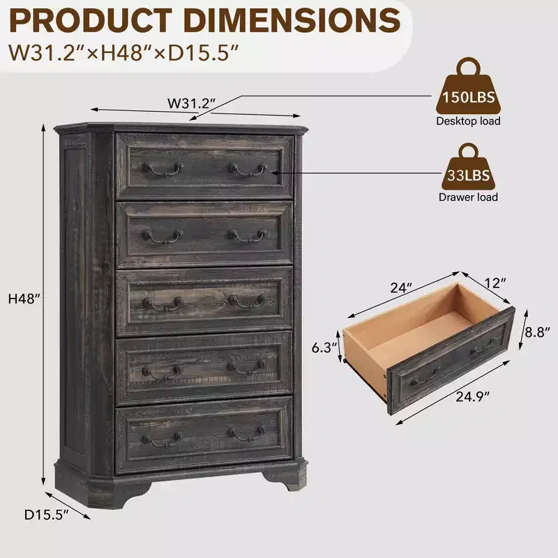 Cómoda de 5 cajones, estilo rústico vintage, blanco antiguo / marrón oscuro / roble rústico oscuro / blanco envejecido / roble rústico claro, 1 persona