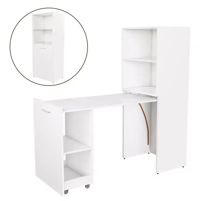 Escritorio blanco plegable con estantes de almacenamiento y ruedas, individual