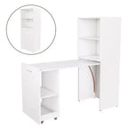 Escritorio blanco plegable con estantes de almacenamiento y ruedas, individual