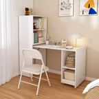 Escritorio blanco plegable con estantes de almacenamiento y ruedas, individual