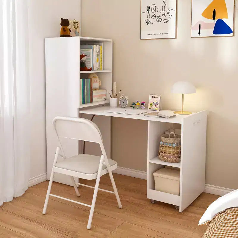 Escritorio blanco plegable con estantes de almacenamiento y ruedas, individual