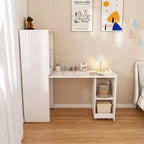 Escritorio blanco plegable con estantes de almacenamiento y ruedas, individual