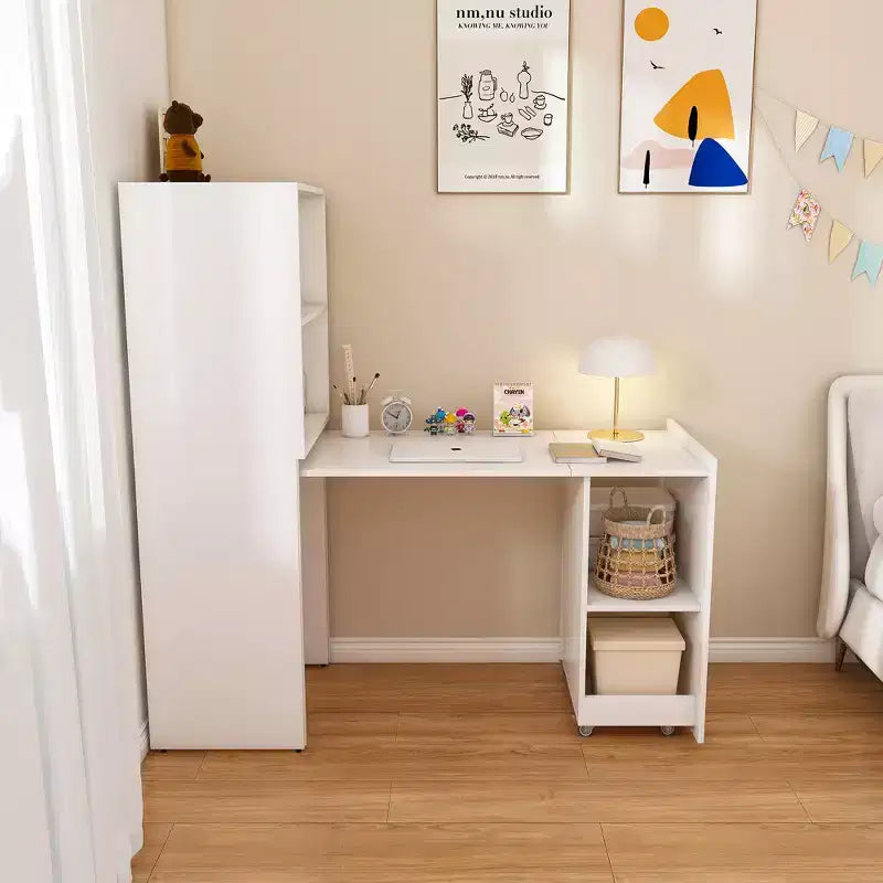 Escritorio blanco plegable con estantes de almacenamiento y ruedas, individual