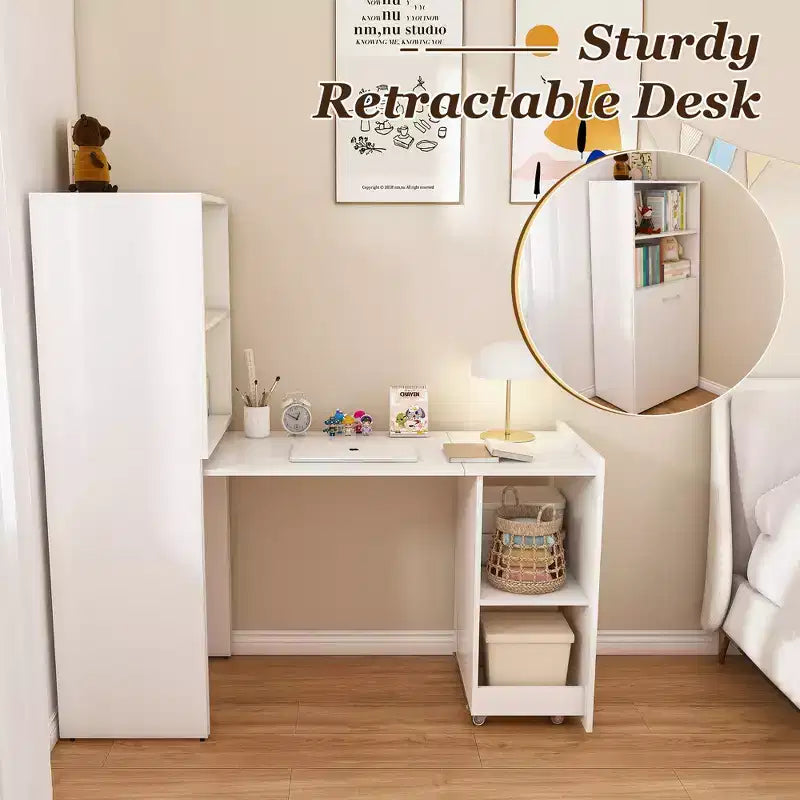 Escritorio blanco plegable con estantes de almacenamiento y ruedas, individual