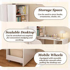 Escritorio blanco plegable con estantes de almacenamiento y ruedas, individual