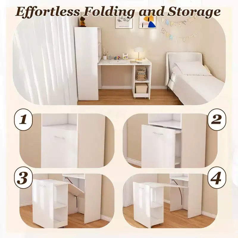 Escritorio blanco plegable con estantes de almacenamiento y ruedas, individual