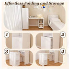 Escritorio blanco plegable con estantes de almacenamiento y ruedas, individual