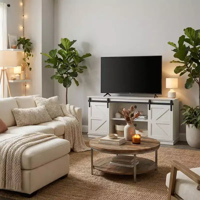 Mueble de TV rústico marrón con puertas correderas tipo granero, para televisores de hasta 65"
