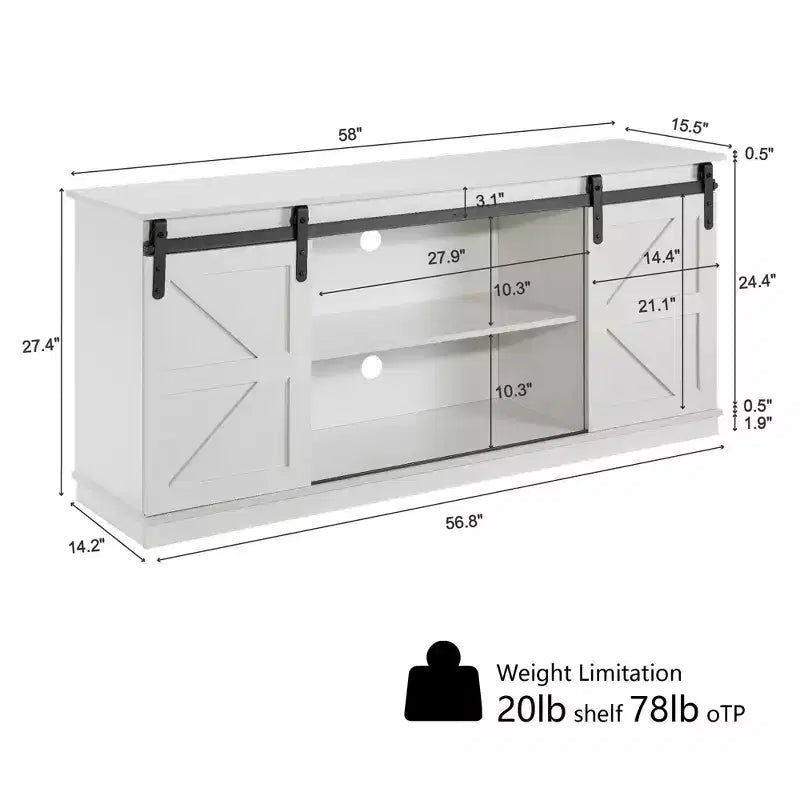 Mueble de TV rústico marrón con puertas correderas tipo granero, para televisores de hasta 65"