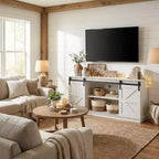 Mueble de TV rústico marrón con puertas correderas tipo granero, para televisores de hasta 65"