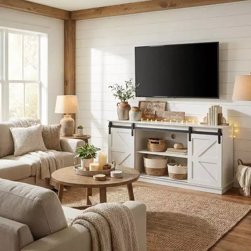 Mueble de TV rústico marrón con puertas correderas tipo granero, para televisores de hasta 65"