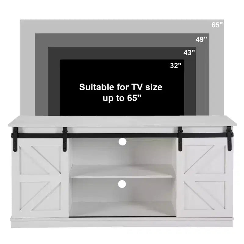 Mueble de TV rústico marrón con puertas correderas tipo granero, para televisores de hasta 65"