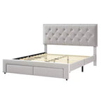 Base de cama tapizada en terciopelo blanco/negro con 2 cajones de almacenamiento, tamaño matrimonial/queen/king, para 1-2 adultos