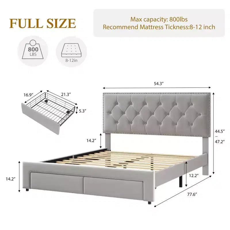 Base de cama tapizada en terciopelo blanco/negro con 2 cajones de almacenamiento, tamaño matrimonial/queen/king, para 1-2 adultos