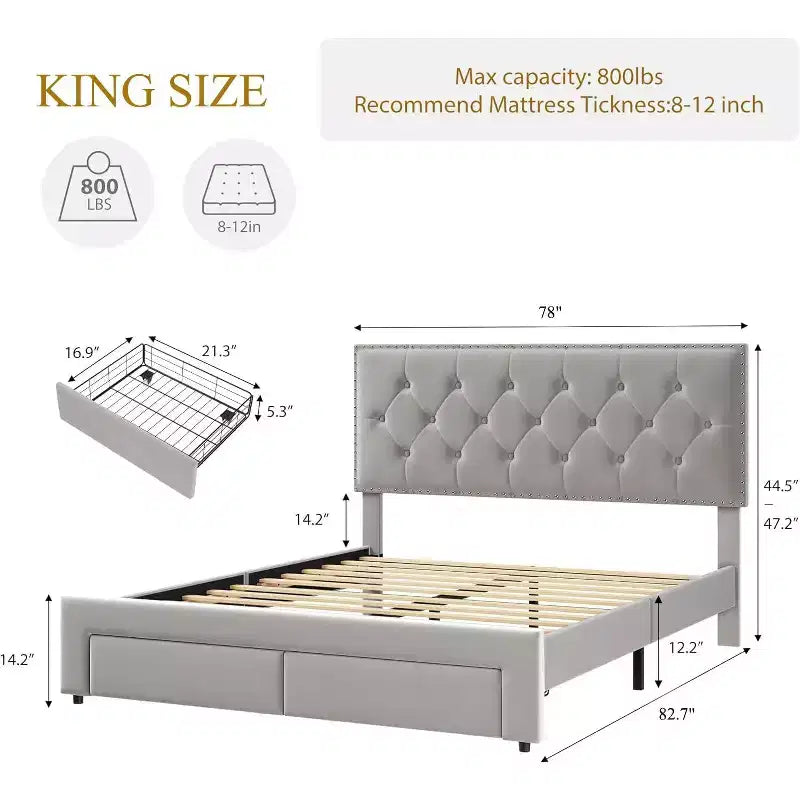 Base de cama tapizada en terciopelo blanco/negro con 2 cajones de almacenamiento, tamaño matrimonial/queen/king, para 1-2 adultos