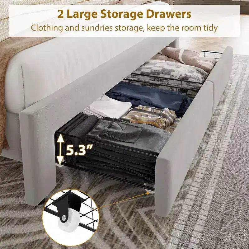 Base de cama tapizada en terciopelo blanco/negro con 2 cajones de almacenamiento, tamaño matrimonial/queen/king, para 1-2 adultos