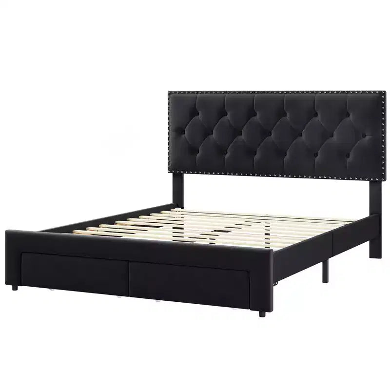 Base de cama tapizada en terciopelo blanco/negro con 2 cajones de almacenamiento, tamaño matrimonial/queen/king, para 1-2 adultos