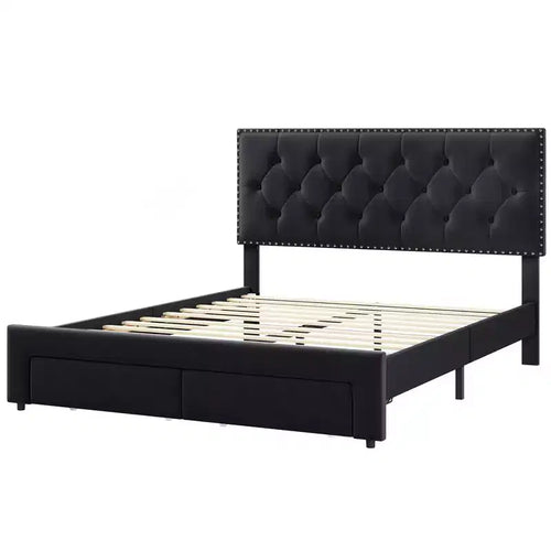 Base de cama tapizada en terciopelo blanco/negro con 2 cajones de almacenamiento, tamaño matrimonial/queen/king, para 1-2 adultos