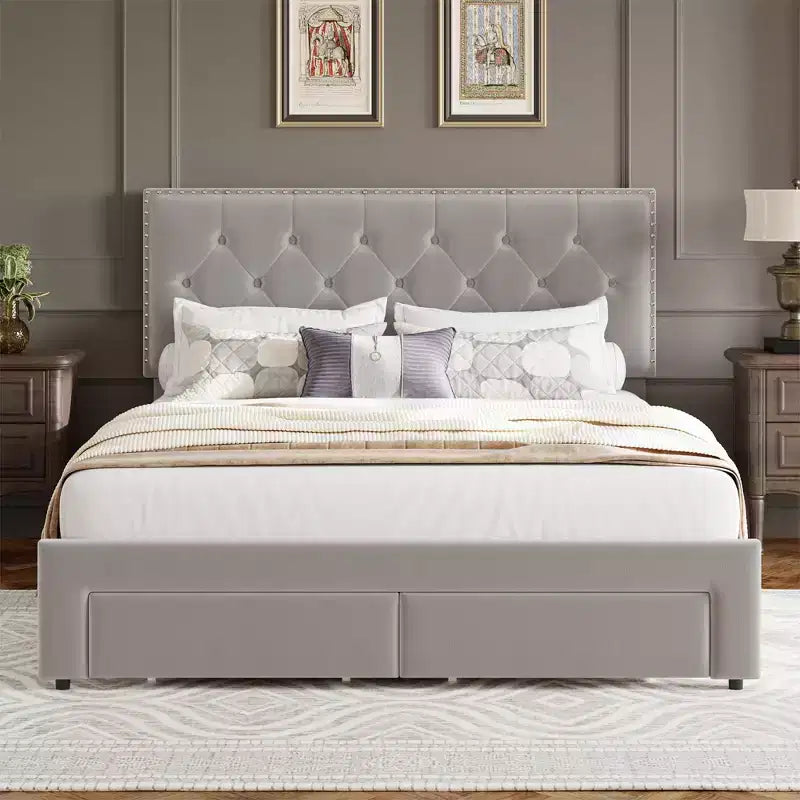 Base de cama tapizada en terciopelo blanco/negro con 2 cajones de almacenamiento, tamaño matrimonial/queen/king, para 1-2 adultos