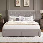 Base de cama tapizada en terciopelo blanco/negro con 2 cajones de almacenamiento, tamaño matrimonial/queen/king, para 1-2 adultos