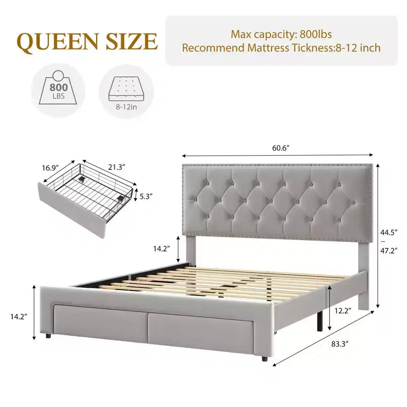 Base de cama tapizada en terciopelo blanco/negro con 2 cajones de almacenamiento, tamaño matrimonial/queen/king, para 1-2 adultos