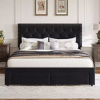 Base de cama tapizada en terciopelo blanco/negro con 2 cajones de almacenamiento, tamaño matrimonial/queen/king, para 1-2 adultos