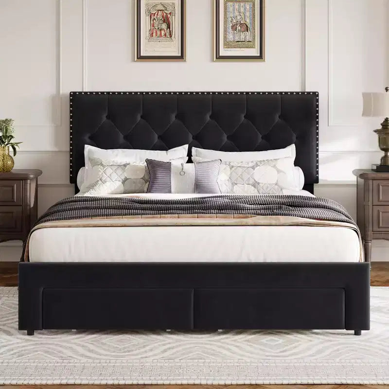 Base de cama tapizada en terciopelo blanco/negro con 2 cajones de almacenamiento, tamaño matrimonial/queen/king, para 1-2 adultos