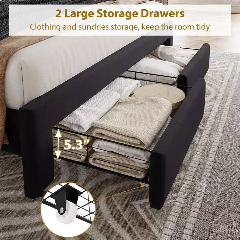 Base de cama tapizada en terciopelo blanco/negro con 2 cajones de almacenamiento, tamaño matrimonial/queen/king, para 1-2 adultos