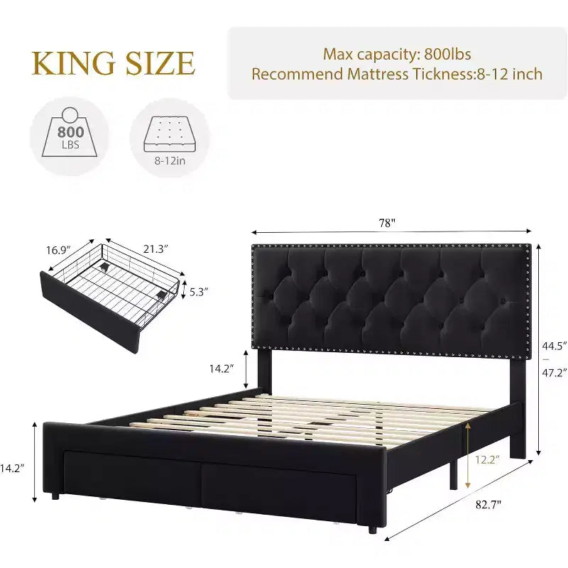 Base de cama tapizada en terciopelo blanco/negro con 2 cajones de almacenamiento, tamaño matrimonial/queen/king, para 1-2 adultos