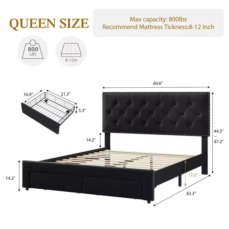 Base de cama tapizada en terciopelo blanco/negro con 2 cajones de almacenamiento, tamaño matrimonial/queen/king, para 1-2 adultos
