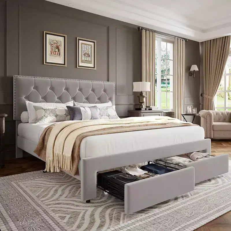 Base de cama tapizada en terciopelo blanco/negro con 2 cajones de almacenamiento, tamaño matrimonial/queen/king, para 1-2 adultos
