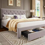 Base de cama tapizada en terciopelo blanco/negro con 2 cajones de almacenamiento, tamaño matrimonial/queen/king, para 1-2 adultos