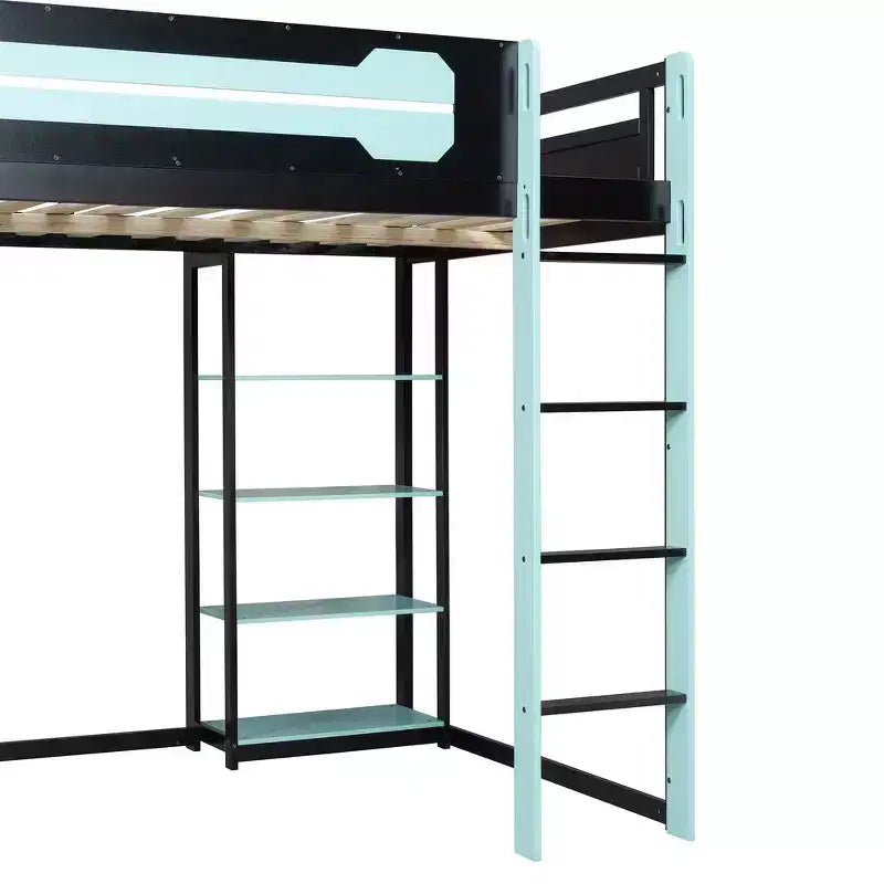 Cama alta de tamaño completo con escritorio y estantes – Negro y azul / Negro y verde / Negro y rojo, 1 persona