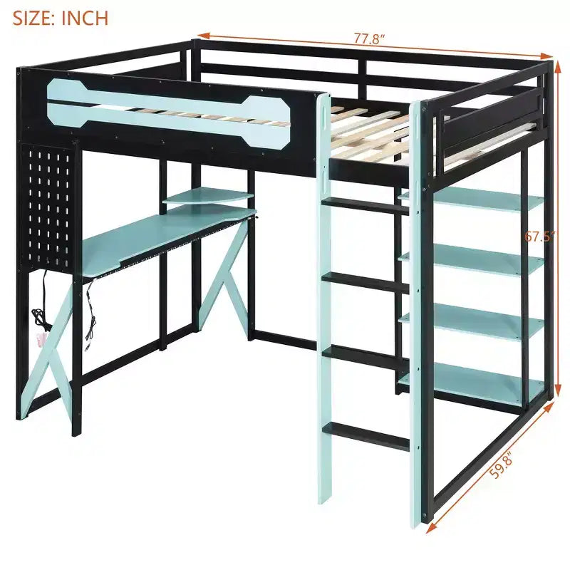 Cama alta de tamaño completo con escritorio y estantes – Negro y azul / Negro y verde / Negro y rojo, 1 persona