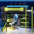 Cama alta de tamaño completo con escritorio y estantes – Negro y azul / Negro y verde / Negro y rojo, 1 persona