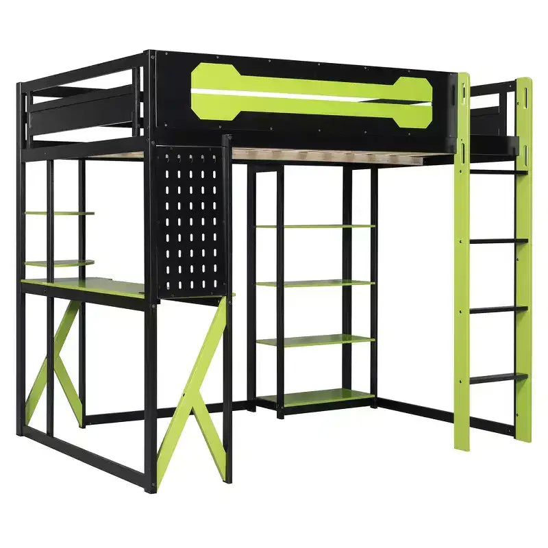 Cama alta de tamaño completo con escritorio y estantes – Negro y azul / Negro y verde / Negro y rojo, 1 persona