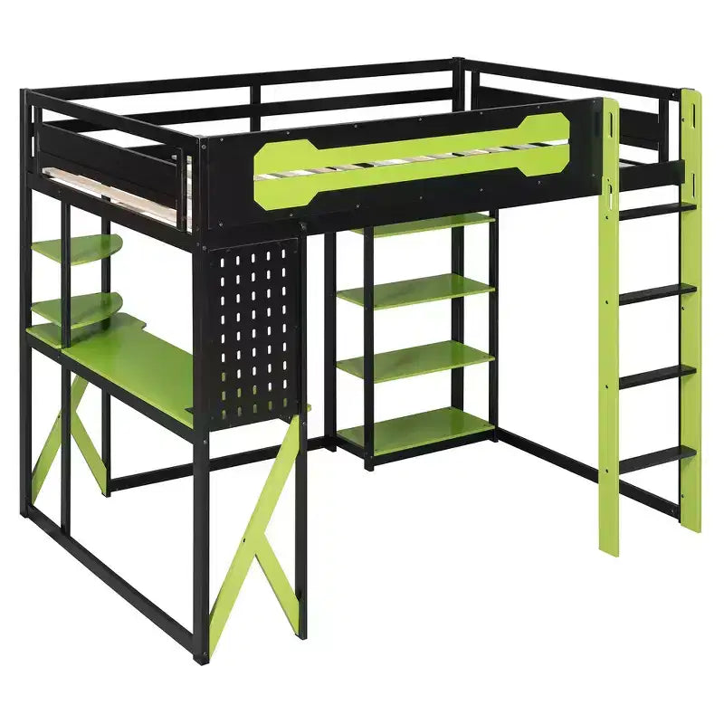 Cama alta de tamaño completo con escritorio y estantes – Negro y azul / Negro y verde / Negro y rojo, 1 persona