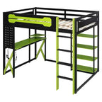 Cama alta de tamaño completo con escritorio y estantes – Negro y azul / Negro y verde / Negro y rojo, 1 persona