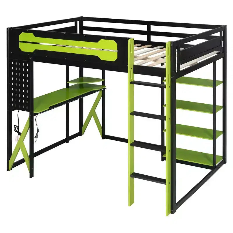 Cama alta de tamaño completo con escritorio y estantes – Negro y azul / Negro y verde / Negro y rojo, 1 persona