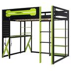 Cama alta de tamaño completo con escritorio y estantes – Negro y azul / Negro y verde / Negro y rojo, 1 persona