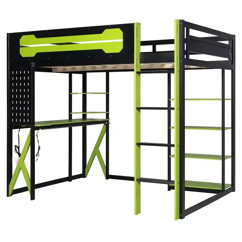 Cama alta de tamaño completo con escritorio y estantes – Negro y azul / Negro y verde / Negro y rojo, 1 persona