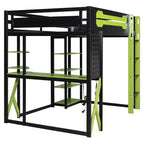 Cama alta de tamaño completo con escritorio y estantes – Negro y azul / Negro y verde / Negro y rojo, 1 persona