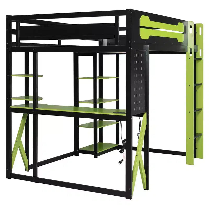 Cama alta de tamaño completo con escritorio y estantes – Negro y azul / Negro y verde / Negro y rojo, 1 persona