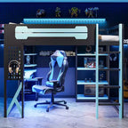 Cama alta de tamaño completo con escritorio y estantes – Negro y azul / Negro y verde / Negro y rojo, 1 persona