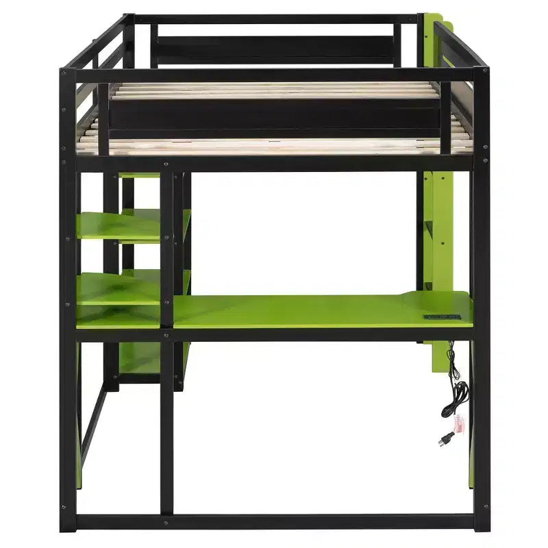 Cama alta de tamaño completo con escritorio y estantes – Negro y azul / Negro y verde / Negro y rojo, 1 persona