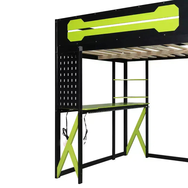 Cama alta de tamaño completo con escritorio y estantes – Negro y azul / Negro y verde / Negro y rojo, 1 persona