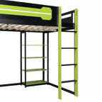 Cama alta de tamaño completo con escritorio y estantes – Negro y azul / Negro y verde / Negro y rojo, 1 persona