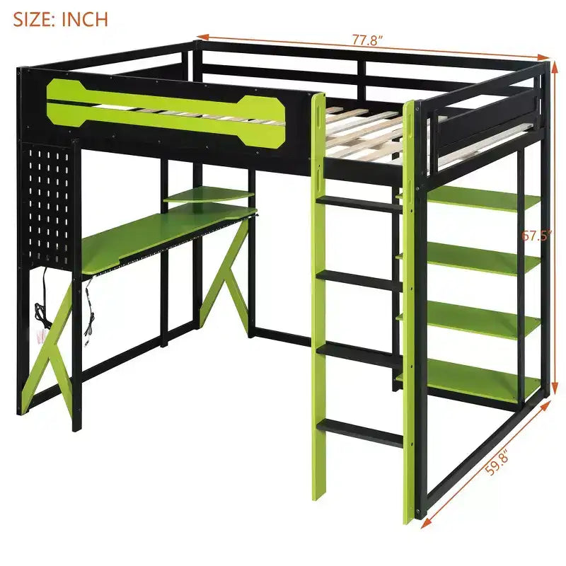 Cama alta de tamaño completo con escritorio y estantes – Negro y azul / Negro y verde / Negro y rojo, 1 persona