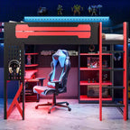 Cama alta de tamaño completo con escritorio y estantes – Negro y azul / Negro y verde / Negro y rojo, 1 persona